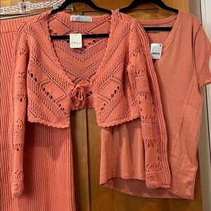 Free People Coral Knit Cardigan and Top and Skirt Set